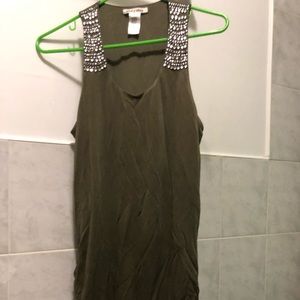 olive dress with bedazzled shoulders